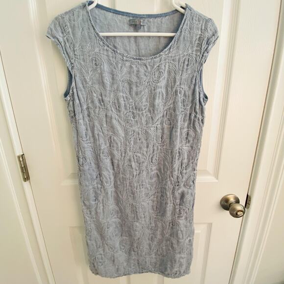 Lina Tomei Dress Womens Large Blue Linen Embroidered A-Line Shift Made in Italy - Picture 1 of 5